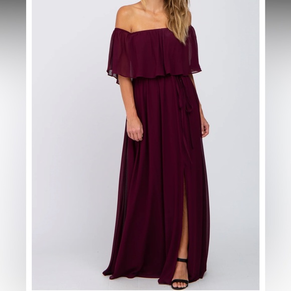 Burgundy Chiffon Off Shoulder Maxi Dress - Picture 2 of 3